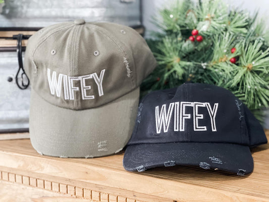 Embroidered Distressed Wifey Hat